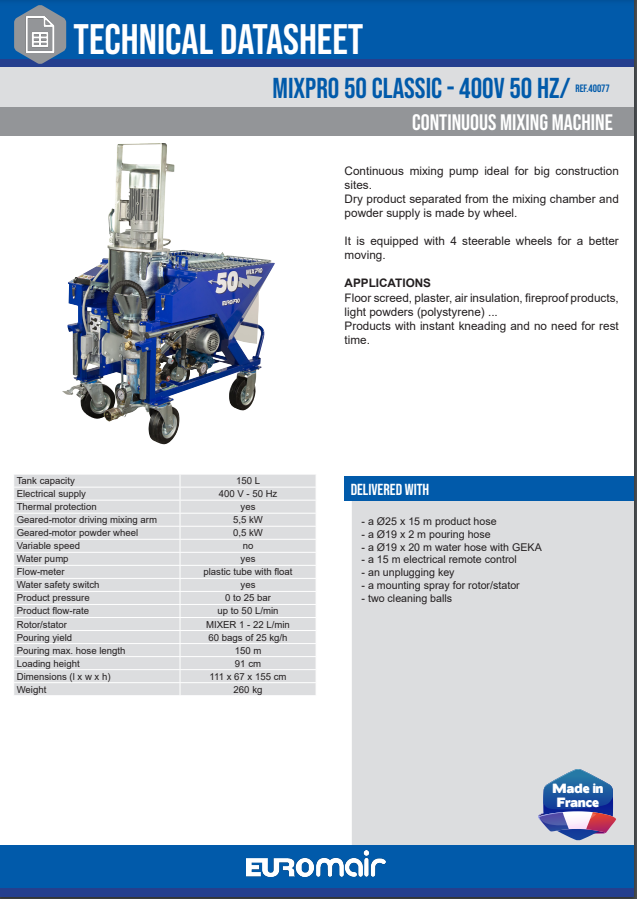40077 Euromair MIXPRO 50 CLASSIC Mørtelpumpe Korn 4mm